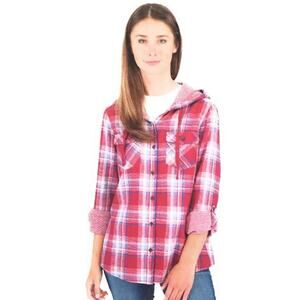 Boston Traders Pink Plaid Hooded Button Up Roll Tab Sleeve Flannel Shirt Size M